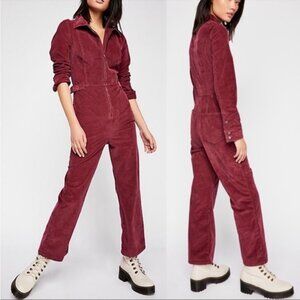 Free People Take Me Out Cranberry Corduroy Zip Up Long Sleeve Pants Jumpsuit 10